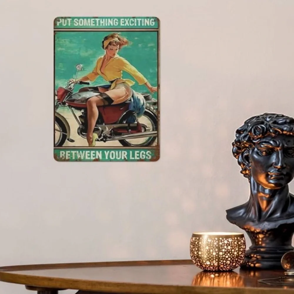 Sign Motorcycle Pinup Girl Put Something Exciting  Funny Decor Metal Posters